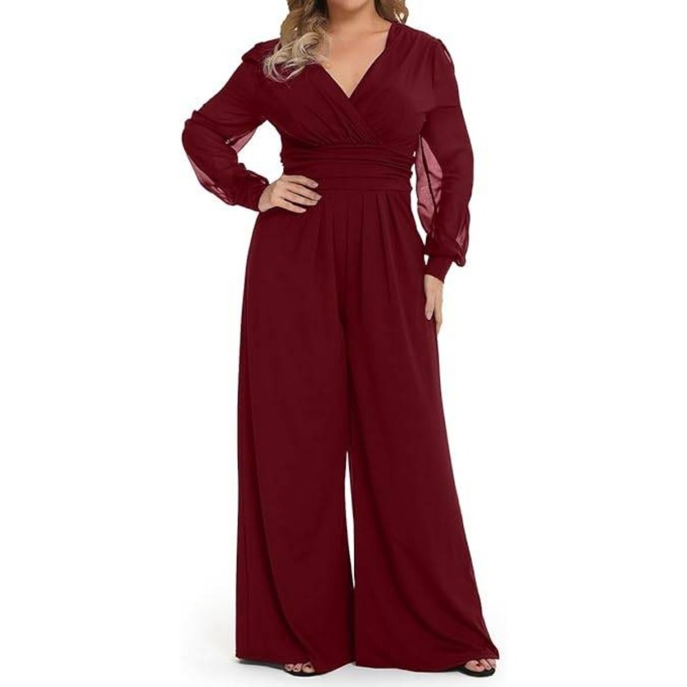 RED DOT BOUTIQUE Women Burgundy Wide‎ Leg V Neck Long Sleeve Jumpsuit Size 1X
